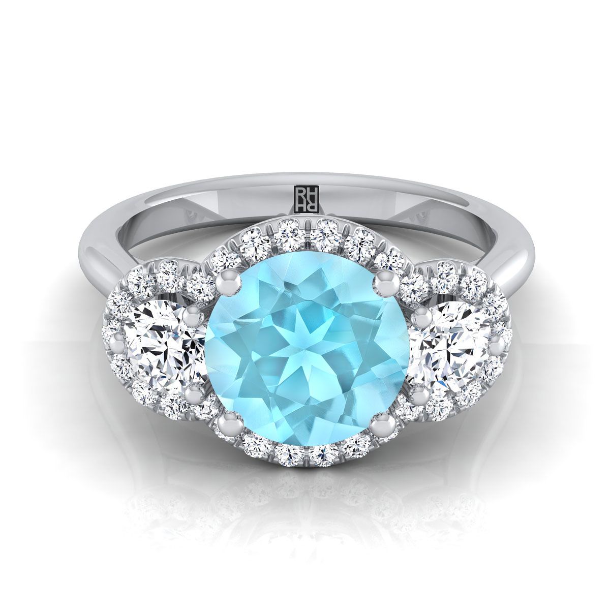 แหวนหมั้นเพชร 14K White Gold Round Brilliant Aquamarine French Pave Diamond -1/2ctw