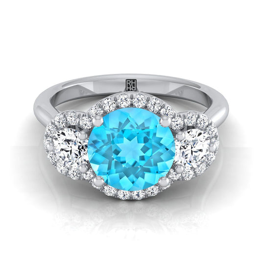 14K สีขาวทอง Round Brilliant Swiss Blue Topaz French Pave เพชรสามแหวนหมั้น -1/2ctw