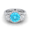 14K สีขาวทอง Round Brilliant Swiss Blue Topaz French Pave เพชรสามแหวนหมั้น -1/2ctw