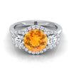 18K White Gold Round Brilliant Citrine French Pave Diamond Three Stone Engagement Ring -1/2ctw