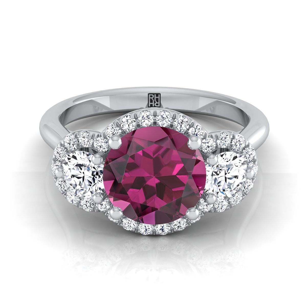 แหวนหมั้นเพชร 18K White Gold Round Brilliant Garnet French Pave Diamond Three Stone -1/2ctw