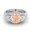 14K White Gold Round Brilliant Morganite French Pave Diamond Three Stone Engagement Ring -1/2ctw