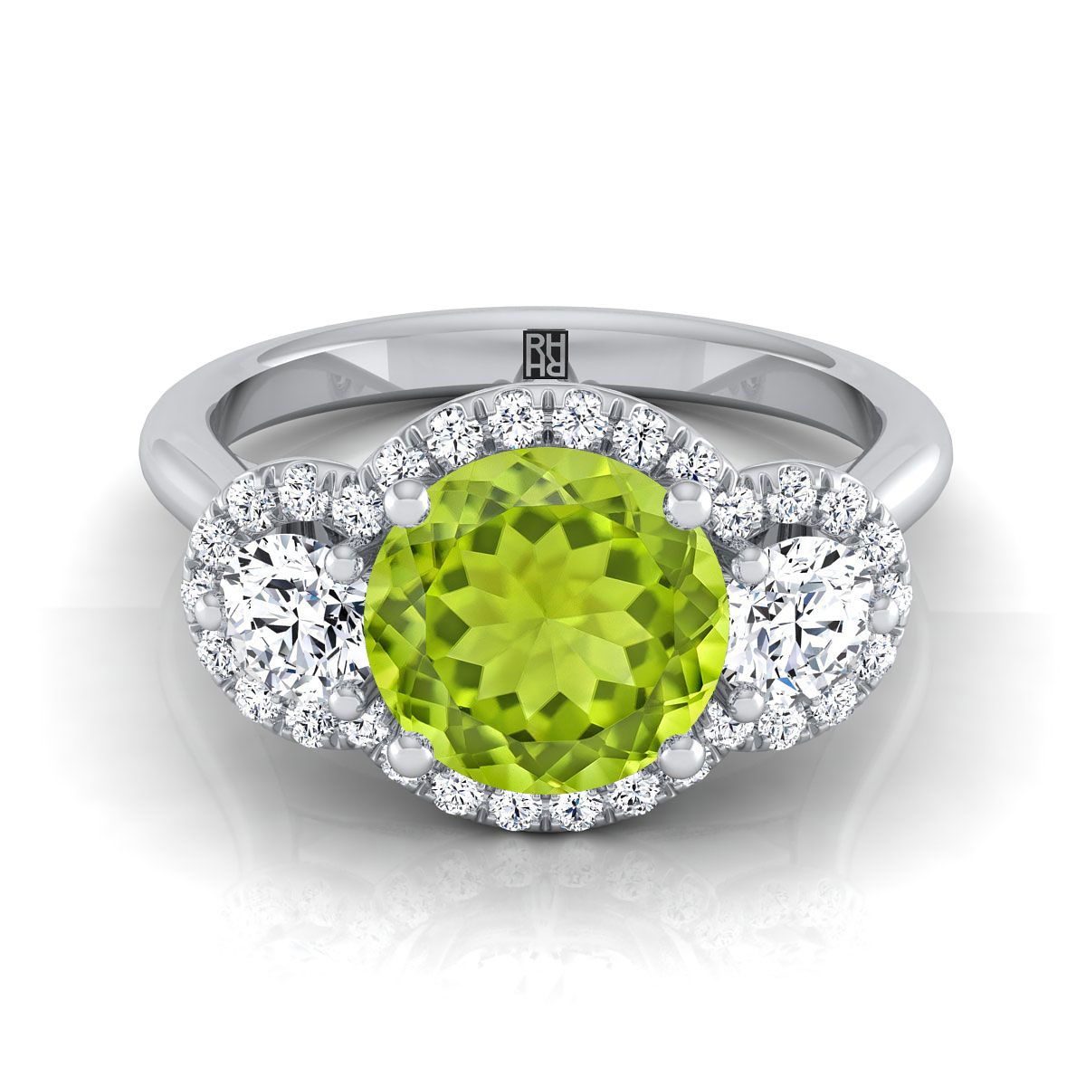 14K สีขาวทอง Round Brilliant Peridot French Pave เพชรสามแหวนหมั้น -1/2ctw