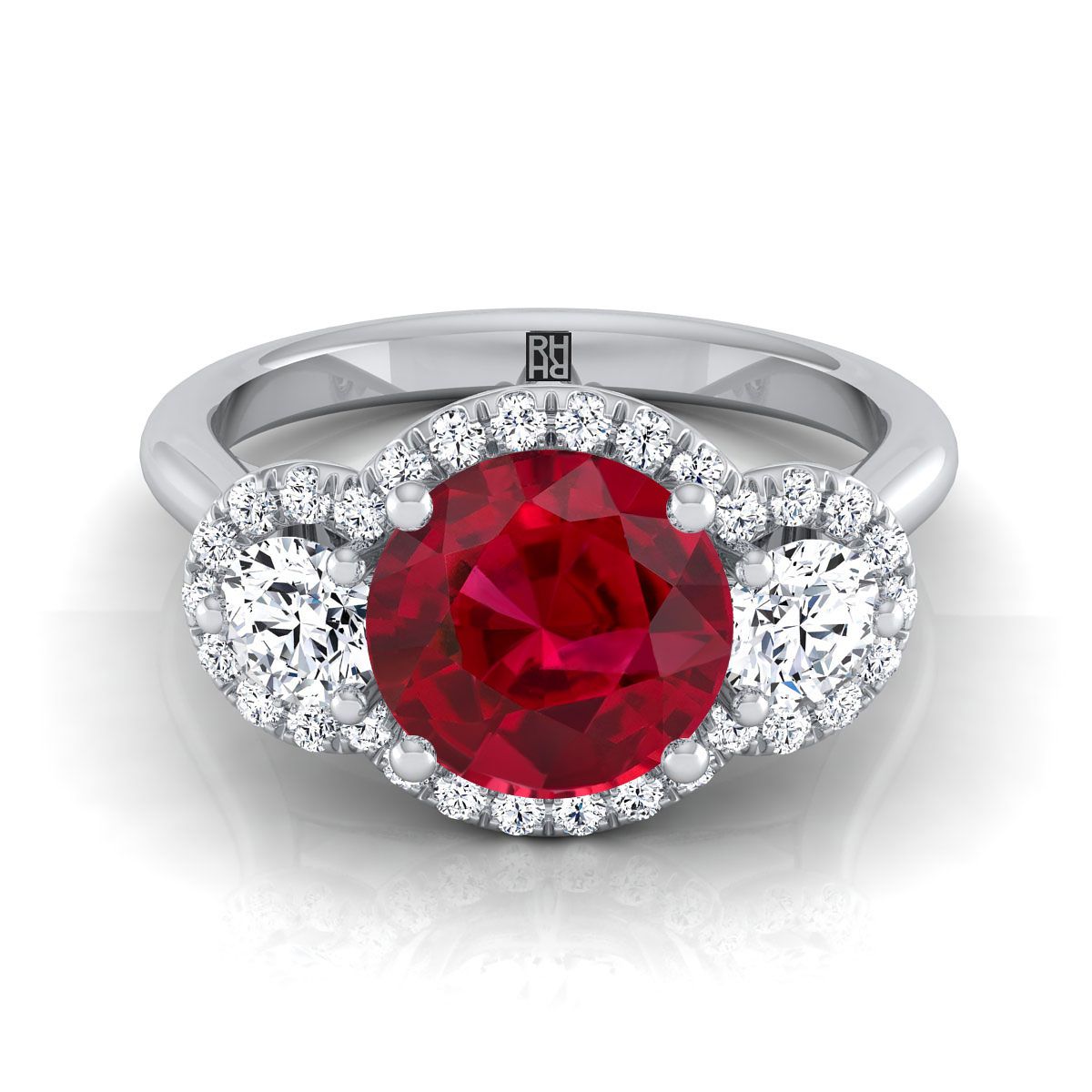 18K White Gold Round Brilliant Ruby French Pave Diamond Three Stone Engagement Ring -1/2ctw