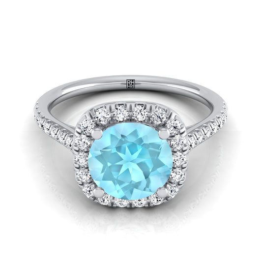 14K White Gold Round Brilliant Aquamarine Simple Prong Set Halo Engagement Ring -1/3ctw