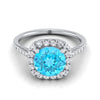 18K White Gold Round Brilliant Swiss Blue Topaz Simple Prong Set Halo Engagement Ring -1/3ctw