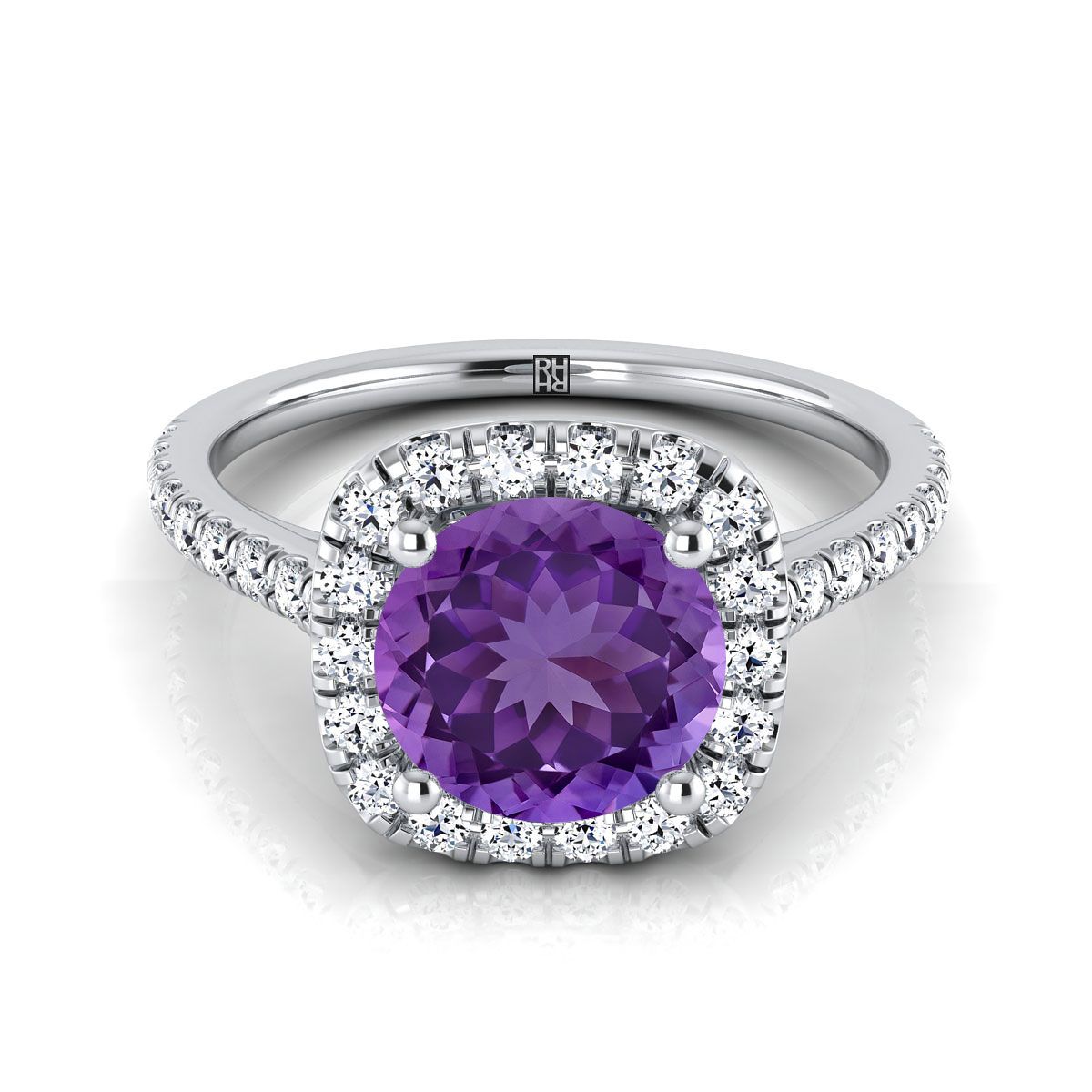 แหวนหมั้นเพชร 14K White Gold Round Brilliant Amethyst Halo Diamond Pave -1/3ctw