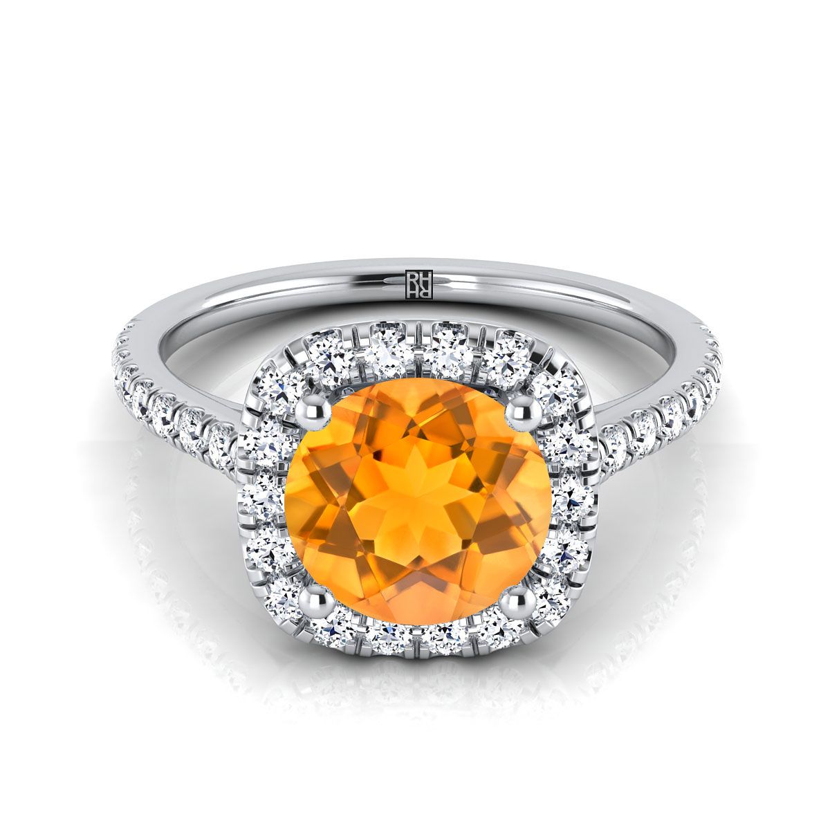 18K White Gold Round Brilliant Citrine Halo Diamond Pave Engagement Ring -1/3ctw