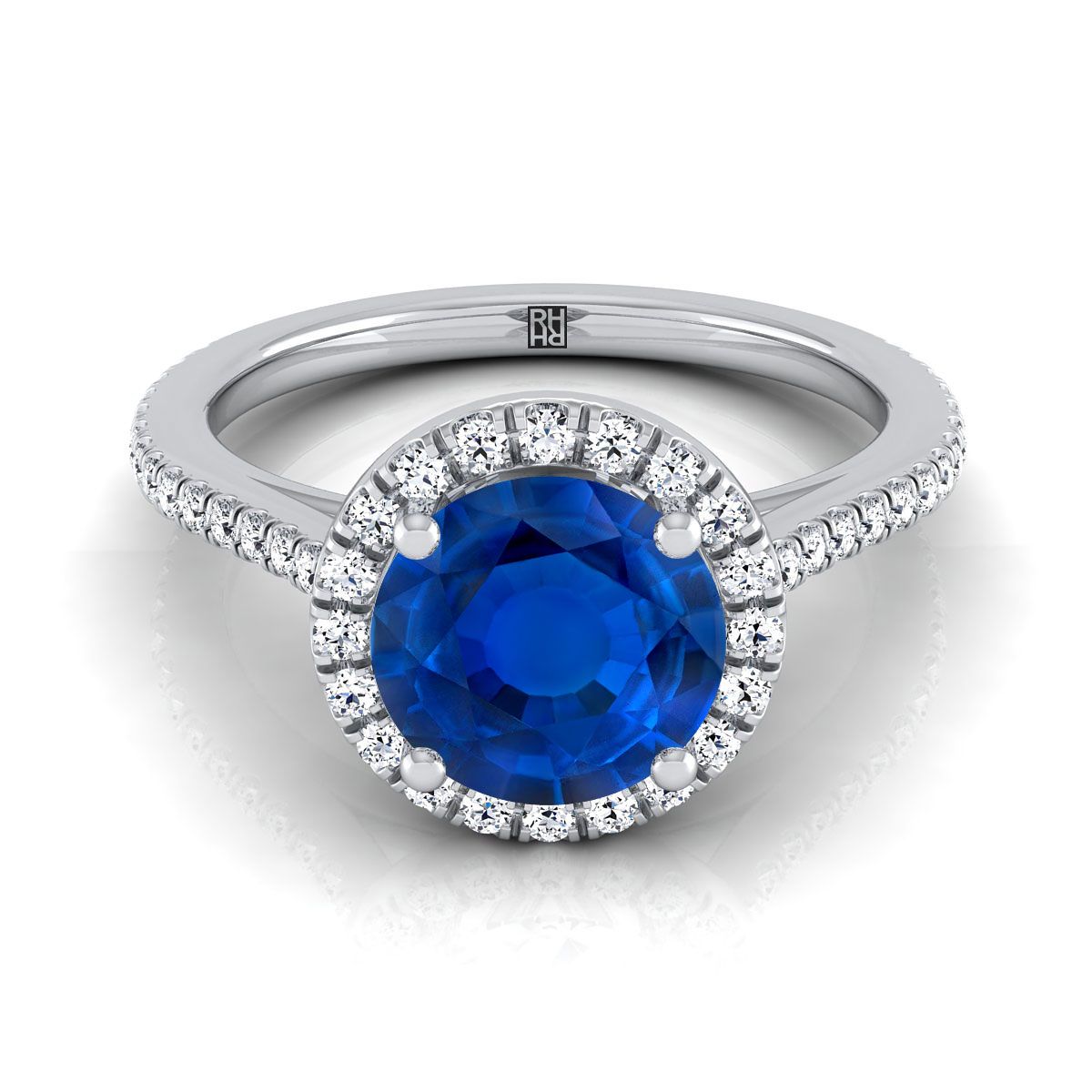 18K White Gold Round Brilliant Classic French Pave Halo and Linear Engagement Ring -1/4ctw