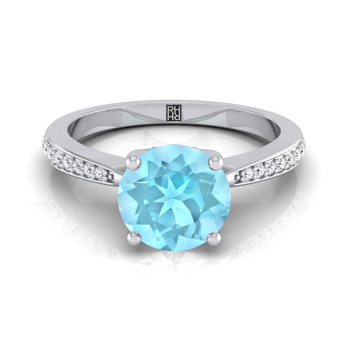 แหวนหมั้นเพชร 14K White Gold Round Brilliant Aquamarine Tapered Pave Diamond -1/8ctw