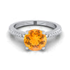 Platinum Round Brilliant Citrine Tapered Pave Diamond Engagement Ring -1/8ctw