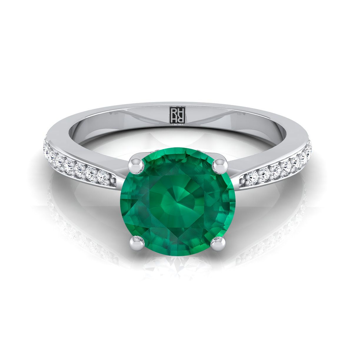 แหวนหมั้นเพชร 18K White Gold Round Brilliant Emerald Tapered Pave Diamond -1/8ctw