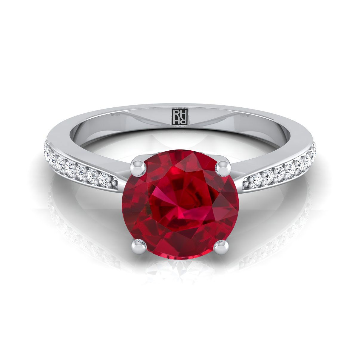 แหวนหมั้นเพชร 18K White Gold Round Brilliant Ruby Tapered Pave -1/8ctw