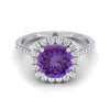 14K White Gold Round Brilliant Amethyst Shared Prong Diamond Halo Engagement Ring -3/8ctw