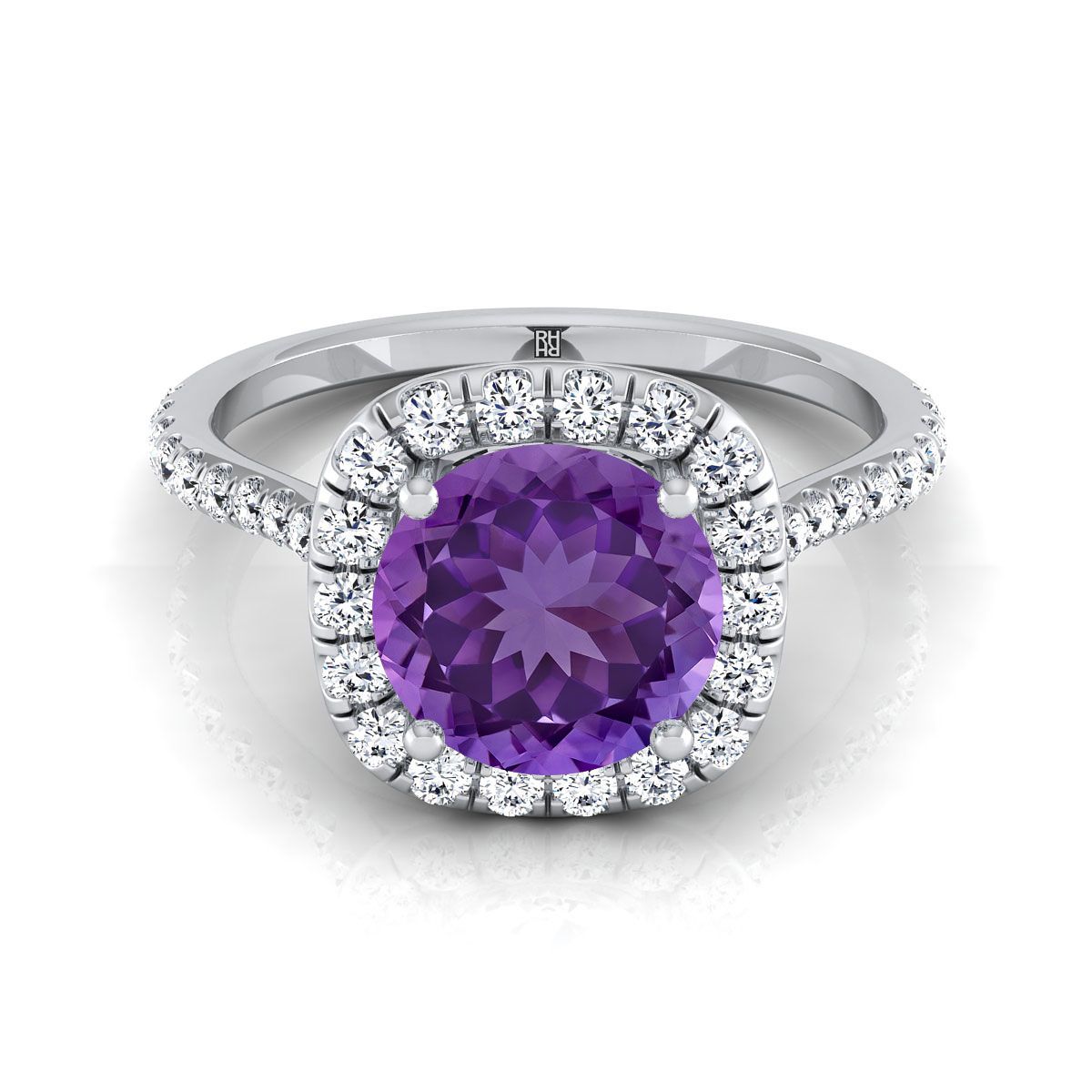 18K White Gold Round Brilliant Amethyst แบ่งปันแหวนหมั้นเพชรง่าม Halo -3/8ctw