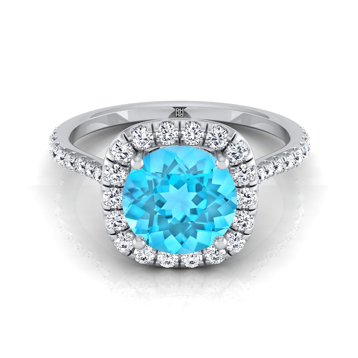 18K White Gold Round Brilliant Swiss Blue Topaz Shared Prong Diamond Halo Engagement Ring -3/8ctw