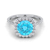 18K สีขาวทอง Round Brilliant Swiss Blue Topaz ที่ใช้ร่วมกัน Prong Diamond Halo แหวนหมั้น -3/8ctw