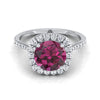 14K White Gold Round Brilliant Garnet Shared Prong Diamond Halo Engagement Ring -3/8ctw