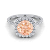 14K White Gold Round Brilliant Morganite Shared Prong Diamond Halo Engagement Ring -3/8ctw