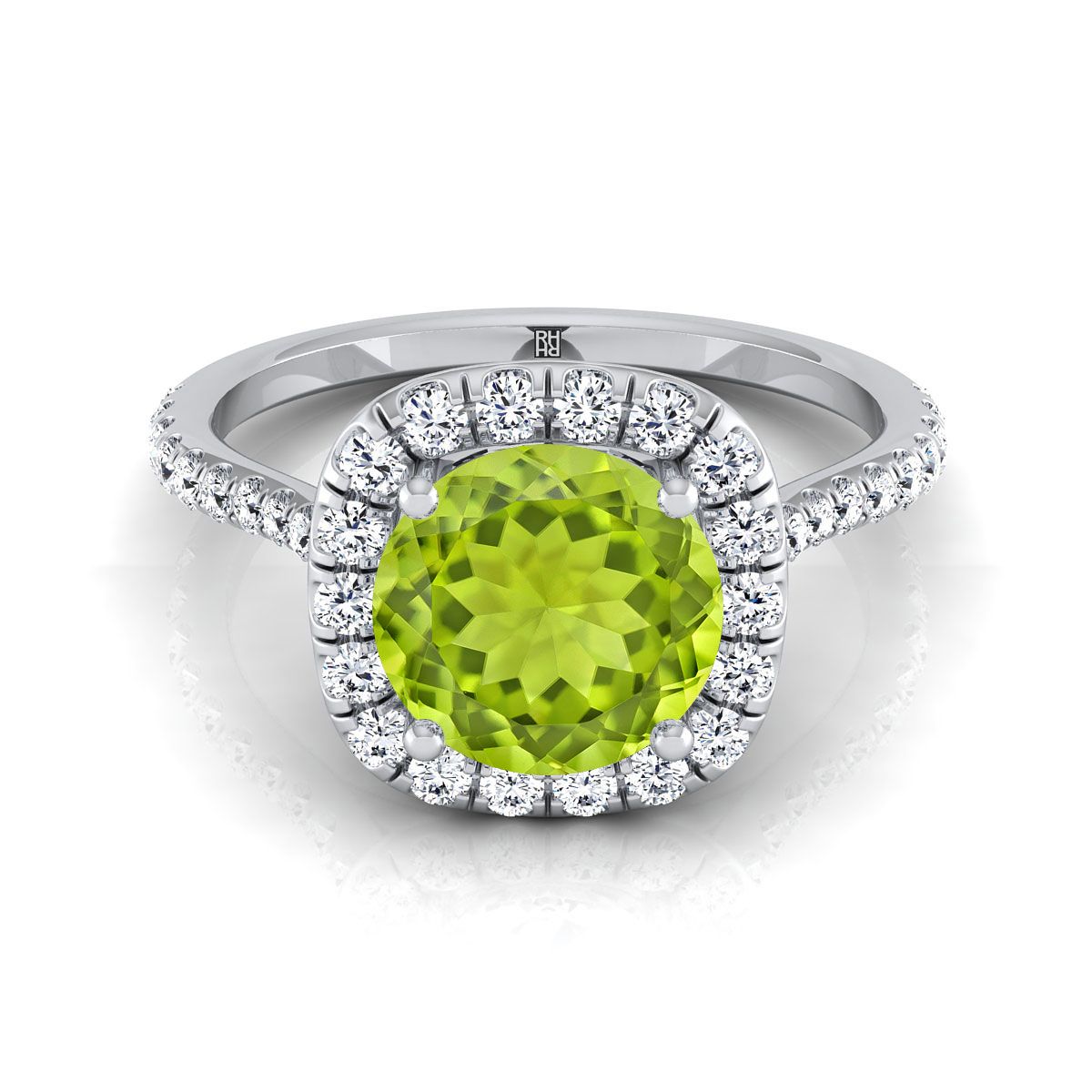 14K White Gold Round Brilliant Peridot Shared Prong Diamond Halo Engagement Ring -3/8ctw