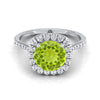 14K White Gold Round Brilliant Peridot Shared Prong Diamond Halo Engagement Ring -3/8ctw