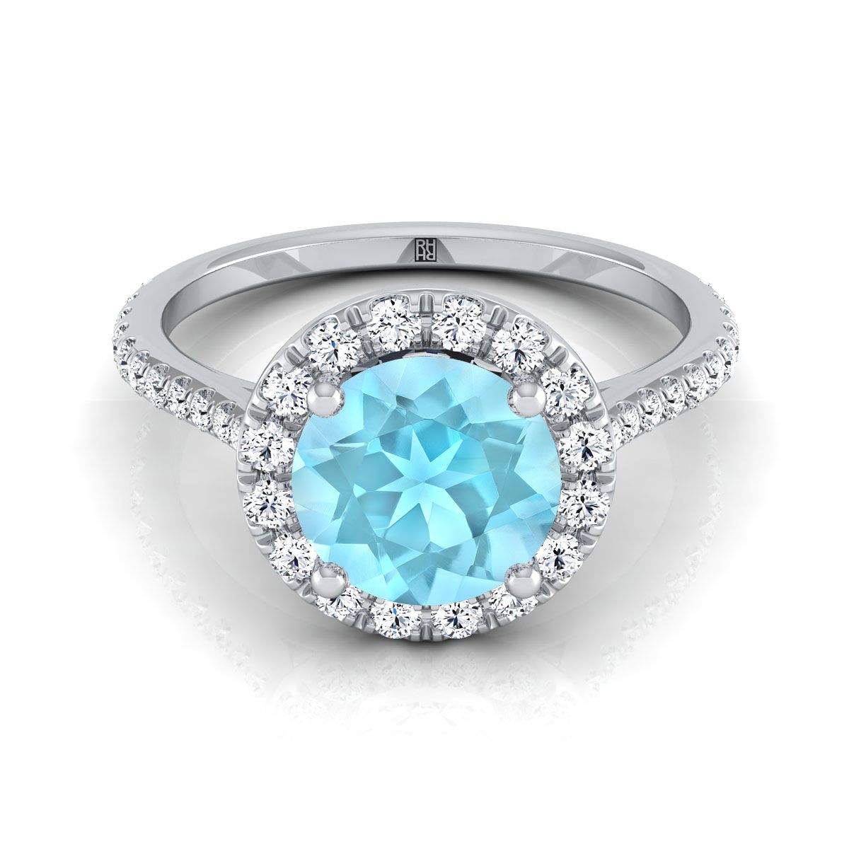 14K White Gold Aquamarine Aquamarine Halo Diamond Pave Engagement Ring -3/8ctw