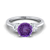 14K สีขาวทอง Round Brilliant Amethyst จับคู่อย่างสมบูรณ์แบบรอบสามแหวนเพชรหมั้นเพชร -1/4ctw