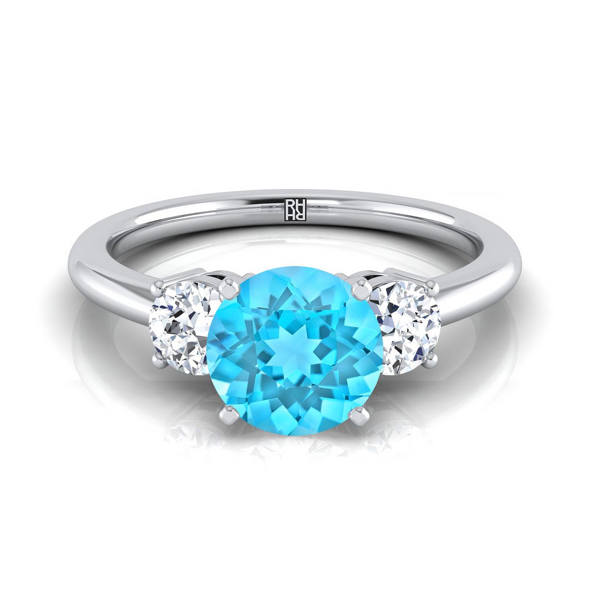 14K สีขาวทอง Round Brilliant Swiss Blue Topaz จับคู่อย่างสมบูรณ์แบบสามหินแหวนหมั้นเพชร -1/4ctw