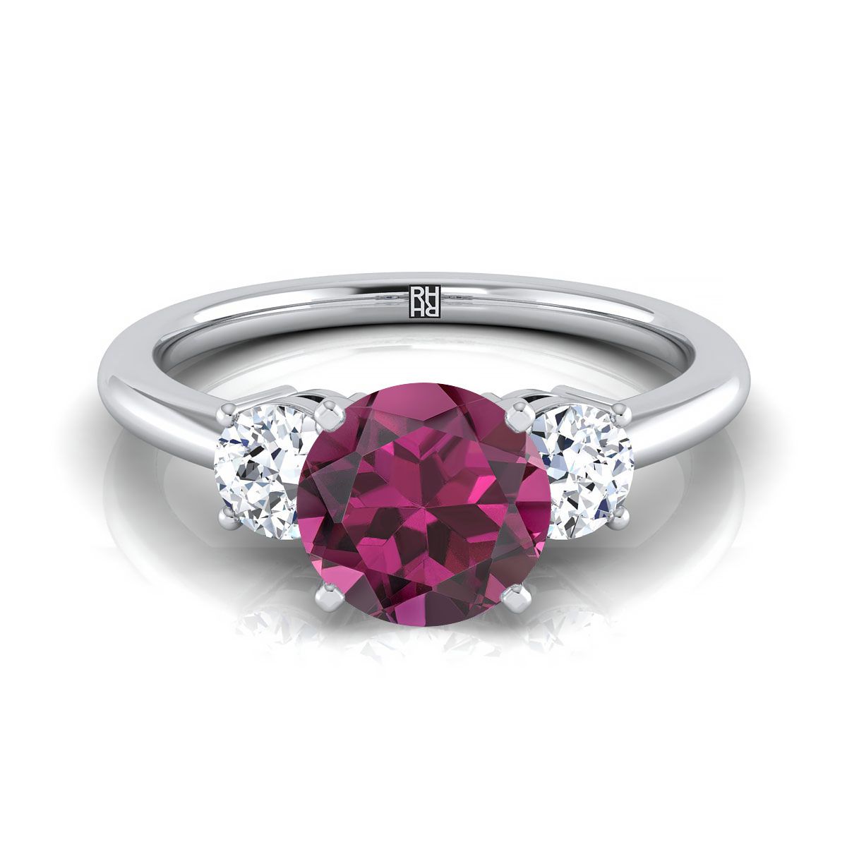 14K White Gold Round Brilliant Garnet Perfectly Matched Round Three Stone Diamond Engagement Ring -1/4ctw