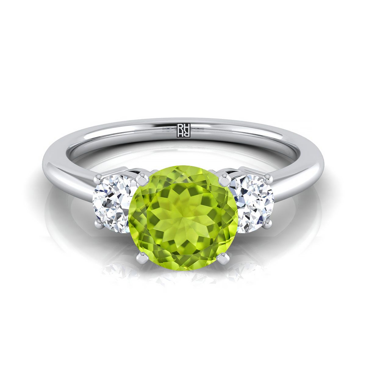 14K สีขาวทอง Round Brilliant Peridot จับคู่อย่างสมบูรณ์แบบรอบสามแหวนหมั้นเพชร -1/4ctw