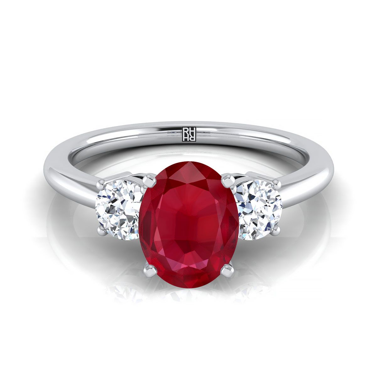 14K White Gold Oval Ruby แหวนหมั้นเพชรกลมสามเม็ดที่เข้าคู่กันอย่างลงตัว -1/4ctw