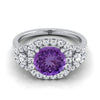 18K สีขาวทอง Round Brilliant Amethyst Delicate สามหิน Halo Pave แหวนหมั้นเพชร -5/8ctw