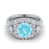 14K สีขาวทอง Round Brilliant Aquamarine Delicate สามหิน Halo Pave แหวนหมั้นเพชร -5/8ctw