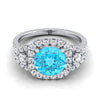 14K สีขาวทอง Round Brilliant Swiss Blue Topaz Delicate สามหิน Halo Pave แหวนหมั้นเพชร -5/8ctw