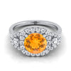 18K สีขาวทอง Round Brilliant Citrine Delicate สามหิน Halo Pave แหวนหมั้นเพชร -5/8ctw