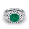 14K สีขาวทอง Round Brilliant Emerald Delicate สามหิน Halo Pave แหวนหมั้นเพชร -5/8ctw