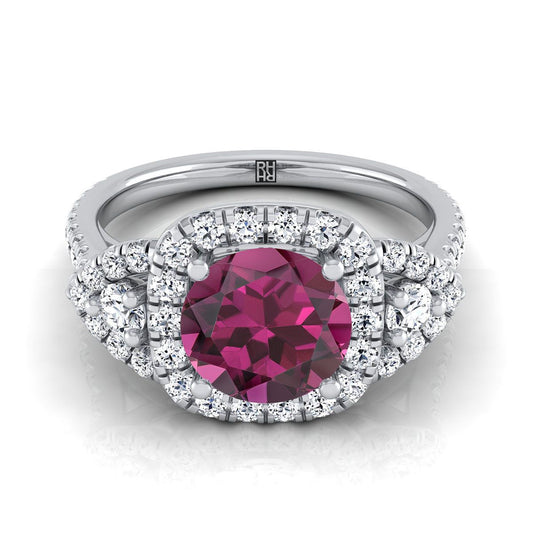 18K สีขาวทอง Round Brilliant Garnet Delicate สามหิน Halo Pave แหวนหมั้นเพชร -5/8ctw