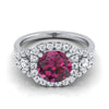 14K สีขาวทอง Round Brilliant Garnet Delicate สามหิน Halo Pave แหวนหมั้นเพชร -5/8ctw