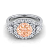 14K สีขาวทอง Round Brilliant Morganite Delicate สามหิน Halo Pave แหวนหมั้นเพชร -5/8ctw