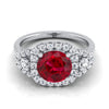 Platinum Round Brilliant Ruby Delicate Three Stone Halo Pave Diamond Engagement Ring -5/8ctw