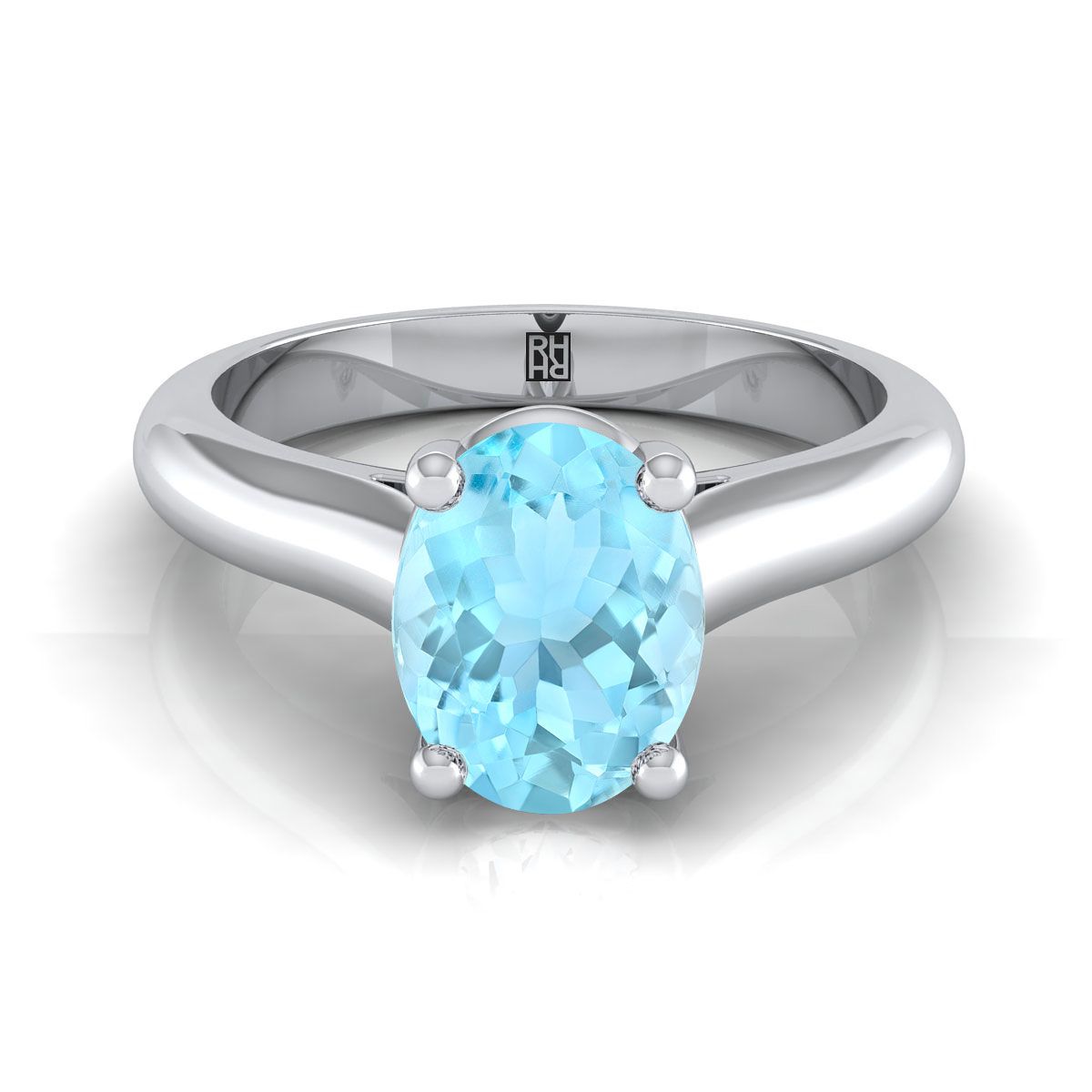 แหวนหมั้นทอง 14K รูปไข่ Aquamarine บีบ Comfort Fit Claw Prong Solitaire