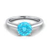 14K สีขาวทอง Round Brilliant Swiss Blue Topaz Pinched Comfort Fit Claw Prong Solitaire แหวนหมั้น