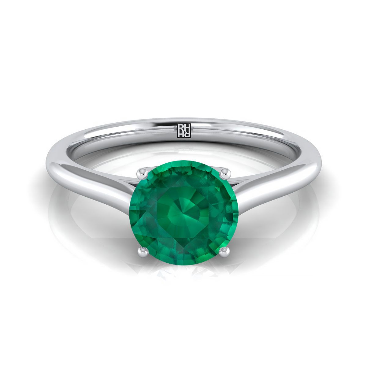 14K White Gold Round Brilliant Emerald Cathedral Style Comfort Fit Solitaire Engagement Ring