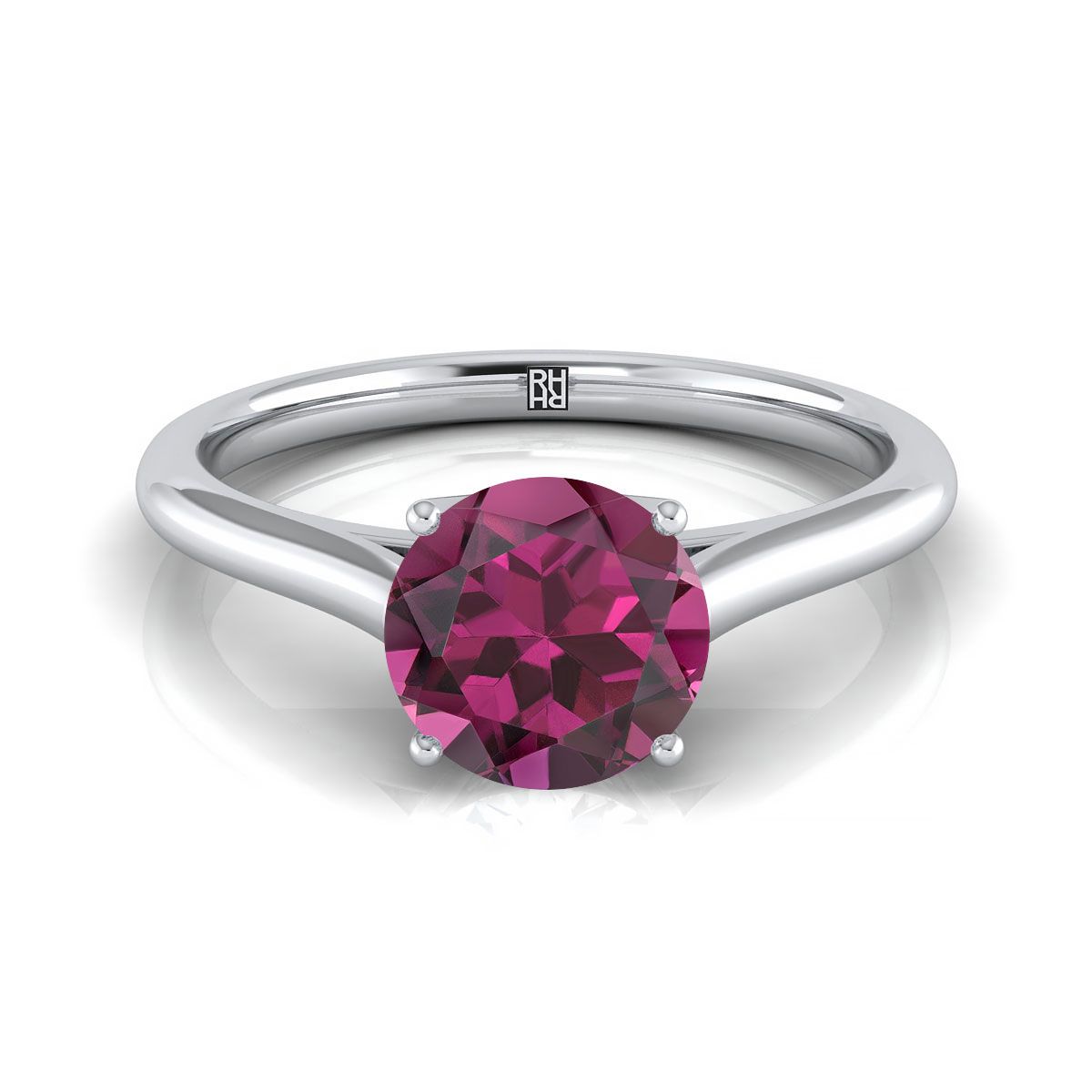 18K White Gold Round Brilliant Garnet Cathedral Style Comfort Fit Solitaire Engagement Ring