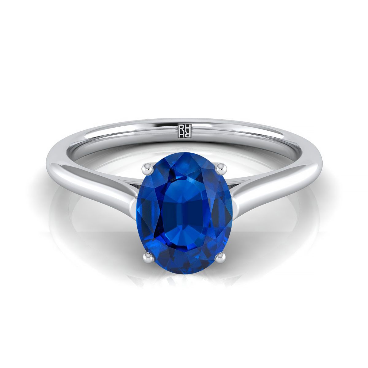 18K White Gold Oval Sapphire Cathedral Style Comfort Fit Solitaire Engagement Ring