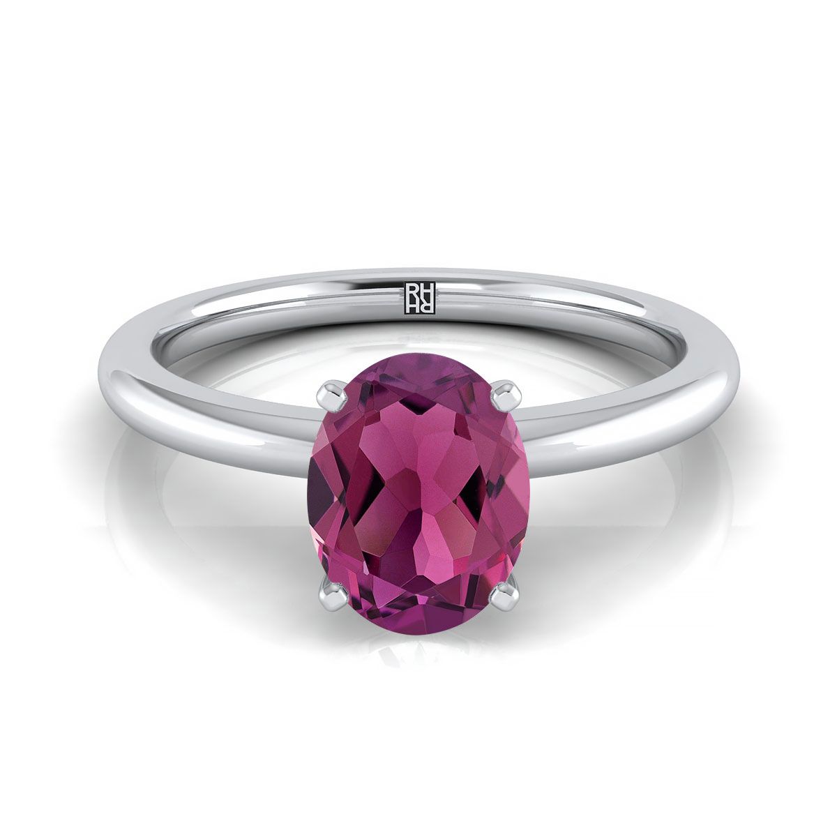 แหวนหมั้นโกเมนทรงรีแพลตตินัมทรงกลม Comfort Fit Claw Prong Solitaire