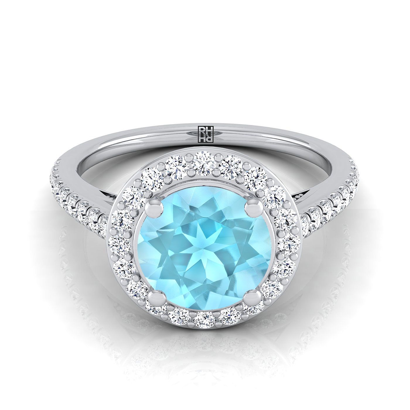 14K สีขาวทอง Round Brilliant Aquamarine French Pave Halo Secret Gallery แหวนหมั้นเพชร -3/8ctw