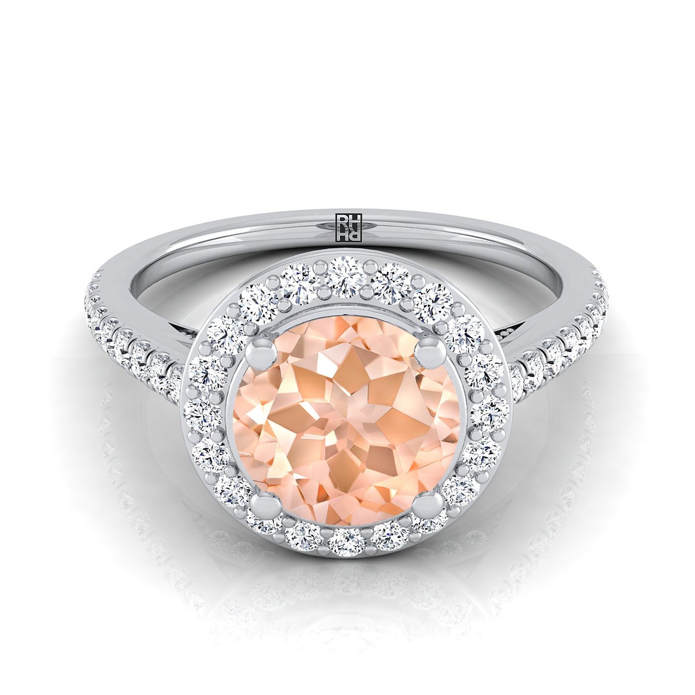 18K สีขาวทอง Round Brilliant Morganite French Pave Halo Secret Gallery แหวนหมั้นเพชร -3/8ctw