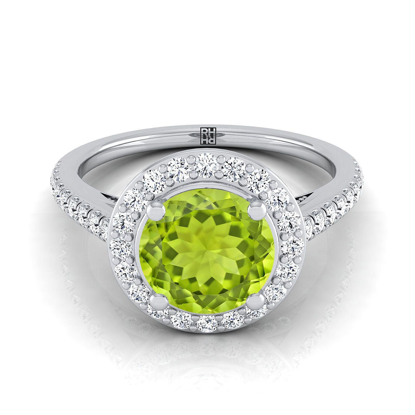 18K สีขาวทอง Round Brilliant Peridot French Pave Halo Secret Gallery แหวนหมั้นเพชร -3/8ctw