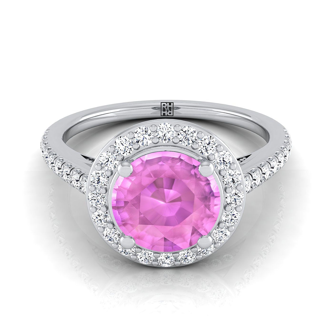 14K สีขาวทอง Round Brilliant Pink Sapphire French Pave Halo Secret Gallery แหวนหมั้นเพชร -3/8ctw